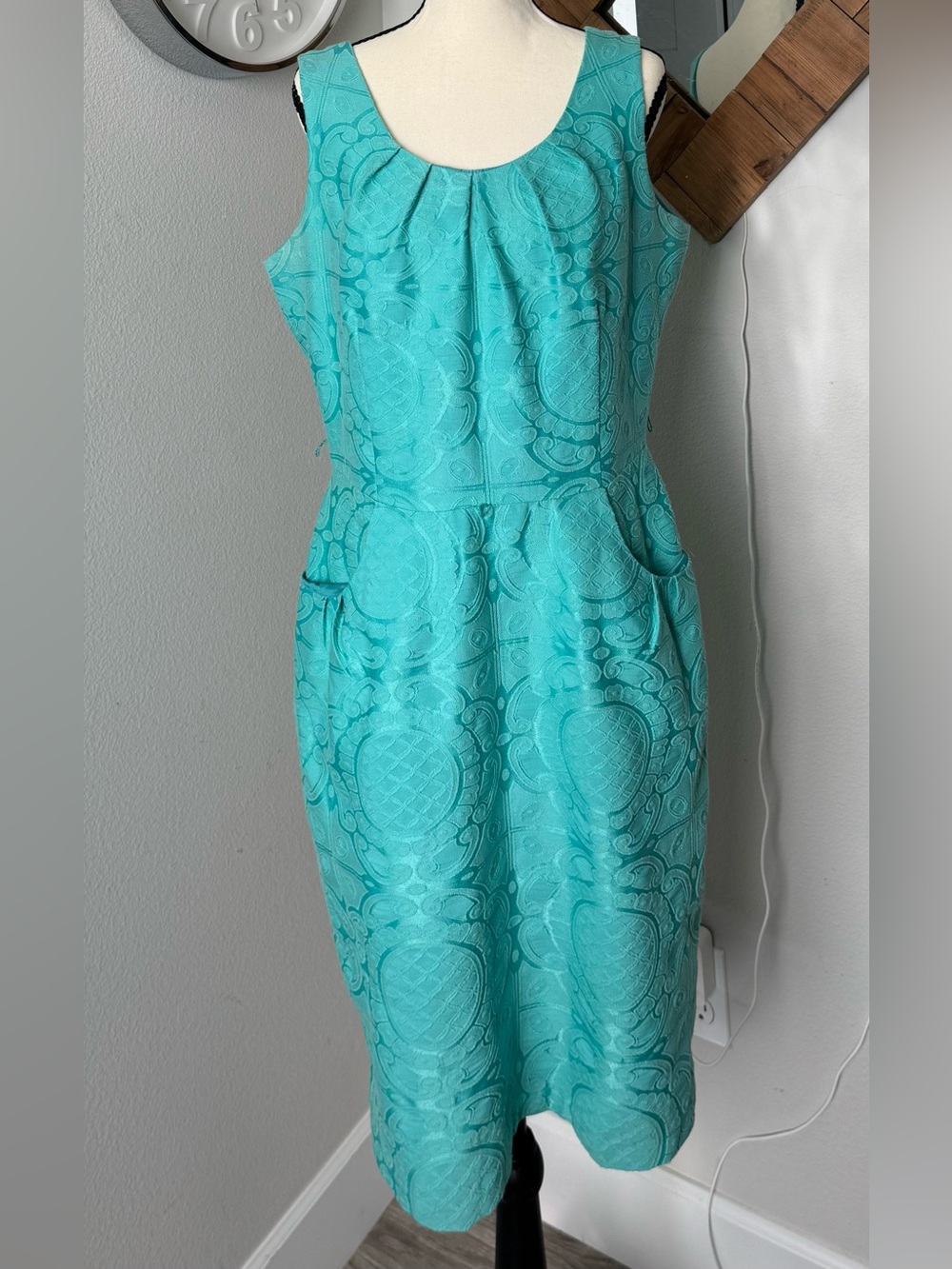 R&K Turquoise Blue Brocade Sheath Dress with Pockets Size 12 Retro Style